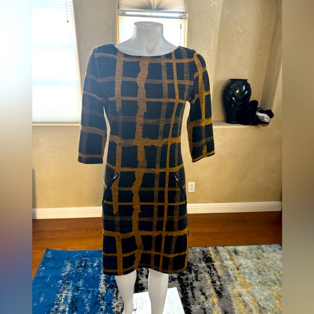 Vegas Collection Black Yellow Plaid 3/4 Sleeve Dress Sz Small